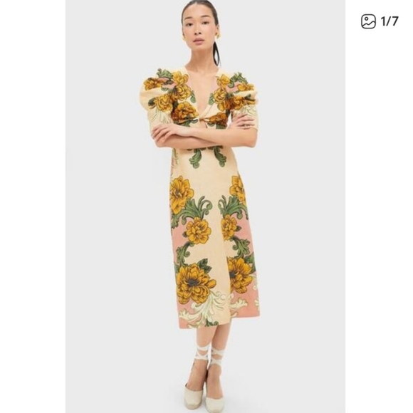 ✅ Farm Rio Linen Floral Arabesque Puff Sleeve Midi Dress – XSmall - Picture 2 of 16